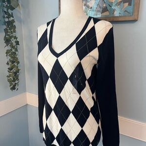 Tommy Hilfiger Navy and White Argyle V-Neck Sweater